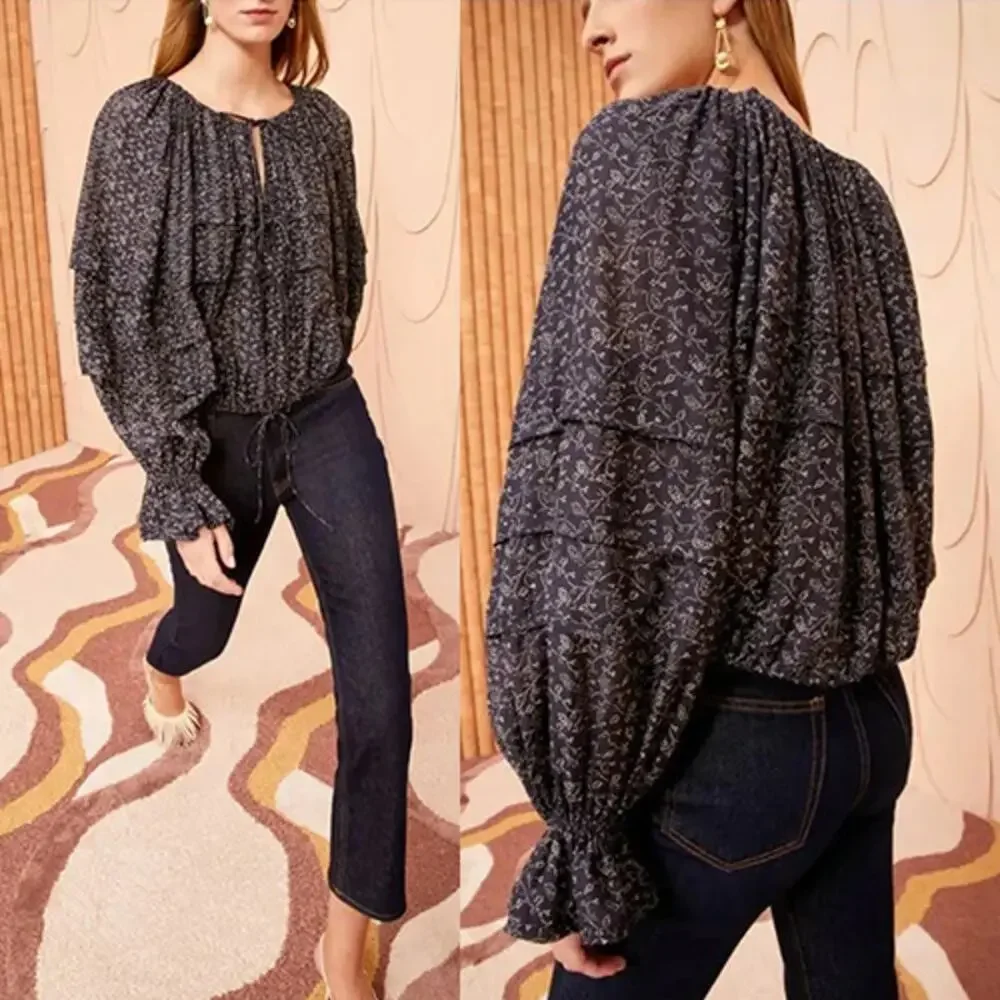 NWT Ulla Johnson Cora Puff-Sleeve Tie Layered Boat Neck Blouse Navy Blue Size: 2